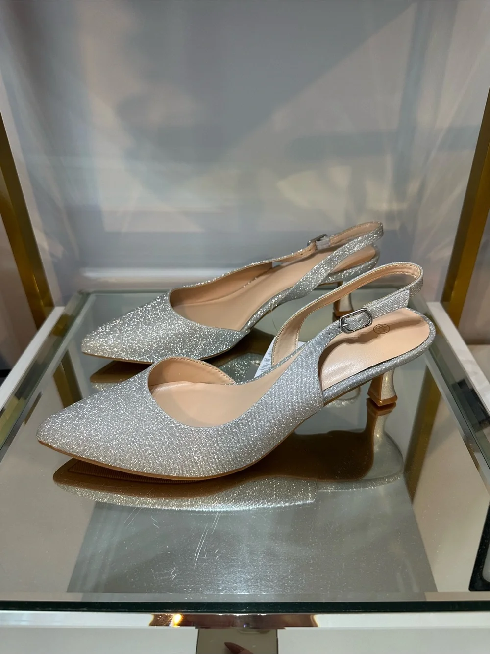 Mysoft Silver Glitter Slingback Kitten Heel Pumps Sz 8.5 NWT